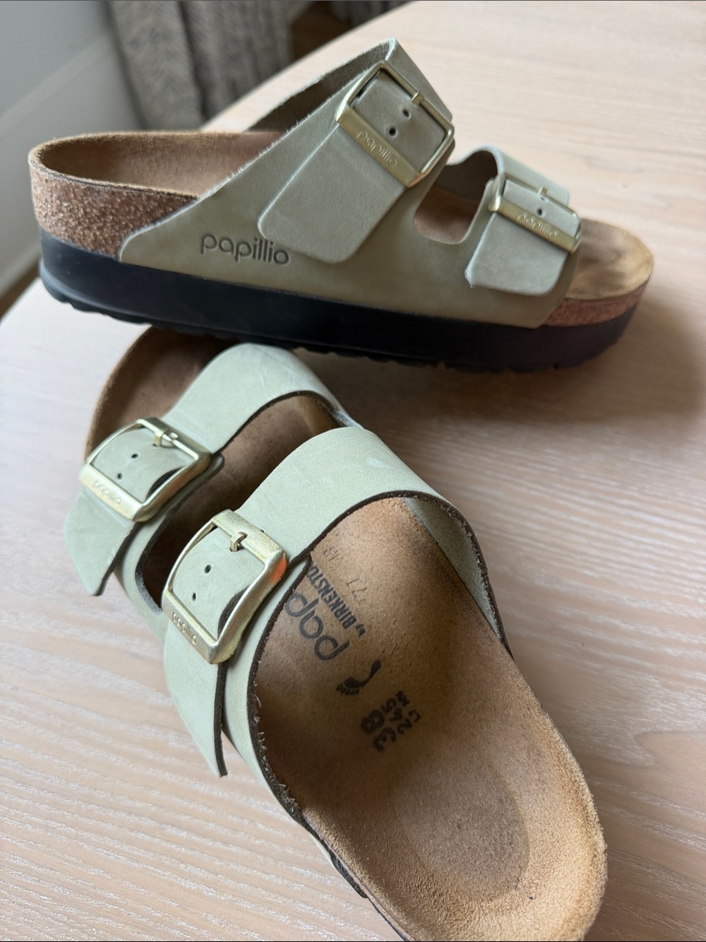 Birkenstock Papillio Double-Buckle Slide Sandals in Sage Green with Gold Buckles
